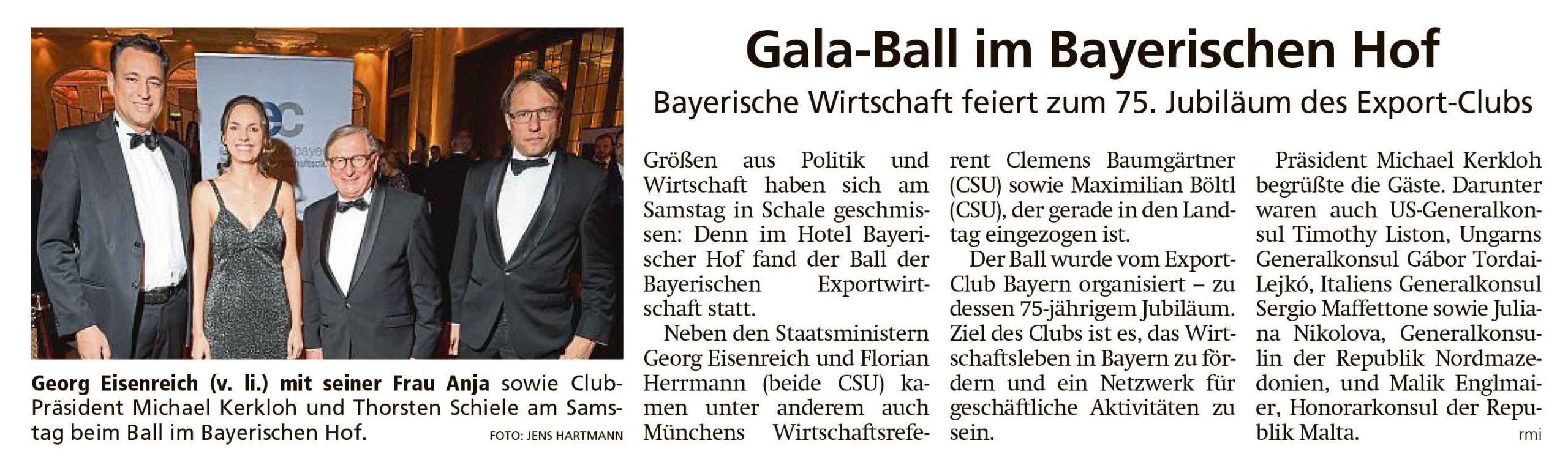 Artikel im Münchner Merkur und TZ "Gala-Ball im Bayerischen Hof / Bayerische Wirtschaft feiert zum 75. Jubiläum des Export-Clubs"